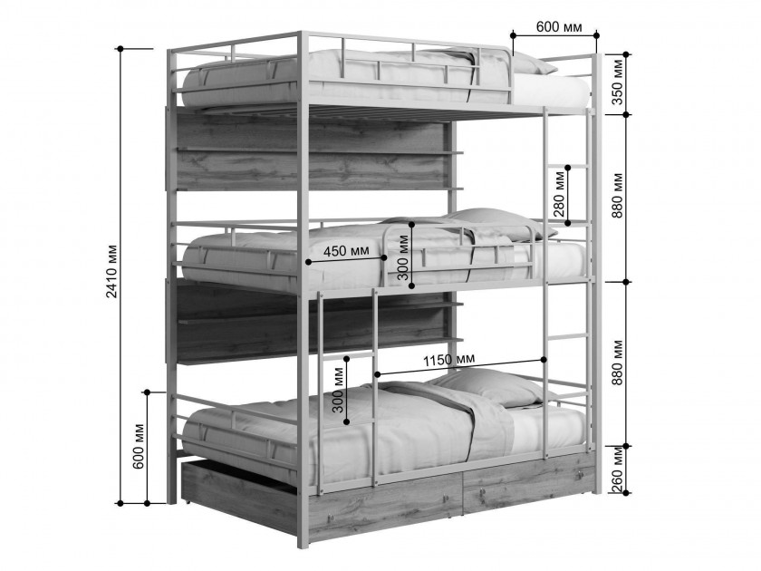 Трехъярусная кровать для детей размеры